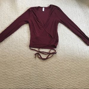 Ribbed Maroon Tie-Front Top